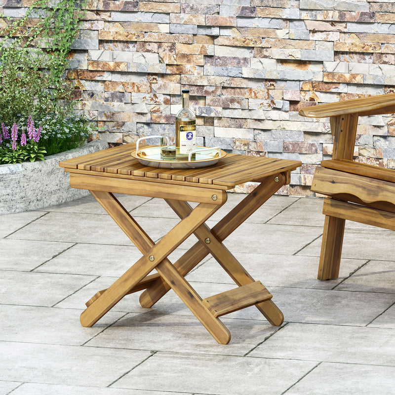 Outdoor folding wooden side table by Noble House, featuring a compact design with a natural wood finish for patio or garden use.