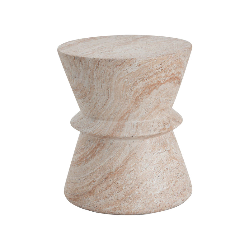 Noble House beige concrete side table with travertine top, suitable for outdoor and indoor use, showcasing a modern, minimalist design.