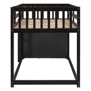 DreamHaus bunk bed with four drawers, three shelves, featuring sturdy wood construction and modern design in a child's bedroom setting.