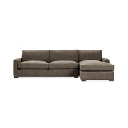 Classic Home Coburn chaise sofa in beige, stationary sectional with plush cushions and wooden legs, modern living room furniture.