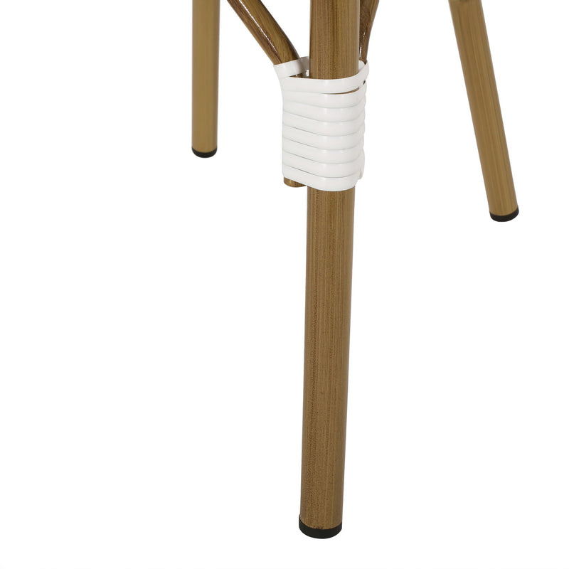 Noble House outdoor rattan and aluminum French bistro chair set with woven seats and armrests, ideal for patio or garden dining.