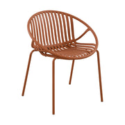 Set of two Noble House outdoor stackable chairs with breathable plastic backrests and metal frames, ideal for patio or garden seating.