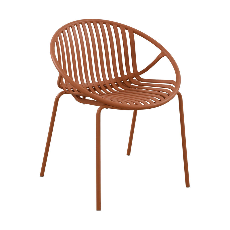 Set of two Noble House outdoor stackable chairs with breathable plastic backrests and metal frames, ideal for patio or garden seating.