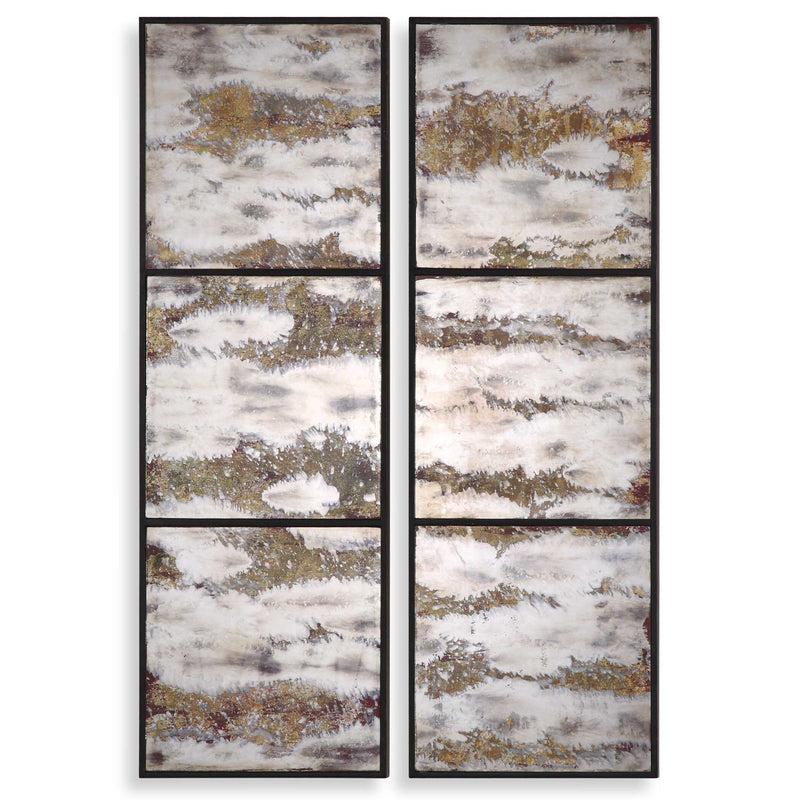 Pair of black Rahila antiqued wall mirrors by Uttermost, featuring ornate antique-style frames for elegant wall decor.