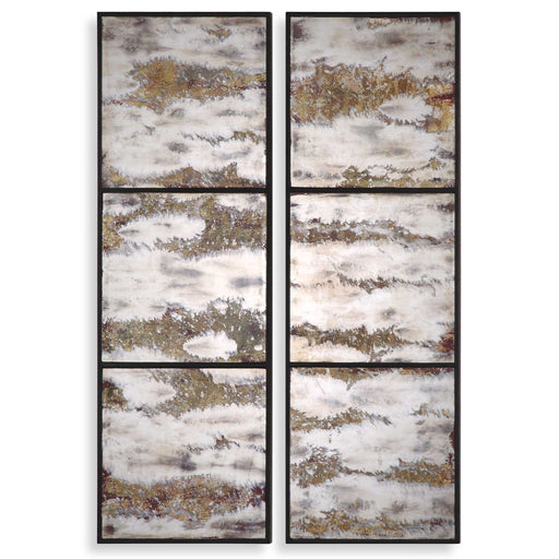 Pair of black Rahila antiqued wall mirrors by Uttermost, featuring ornate antique-style frames for elegant wall decor.