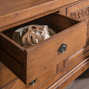 Classic Home Amita 3-drawer, 4-door brown buffet cabinet showing wood finish and spacious storage compartments