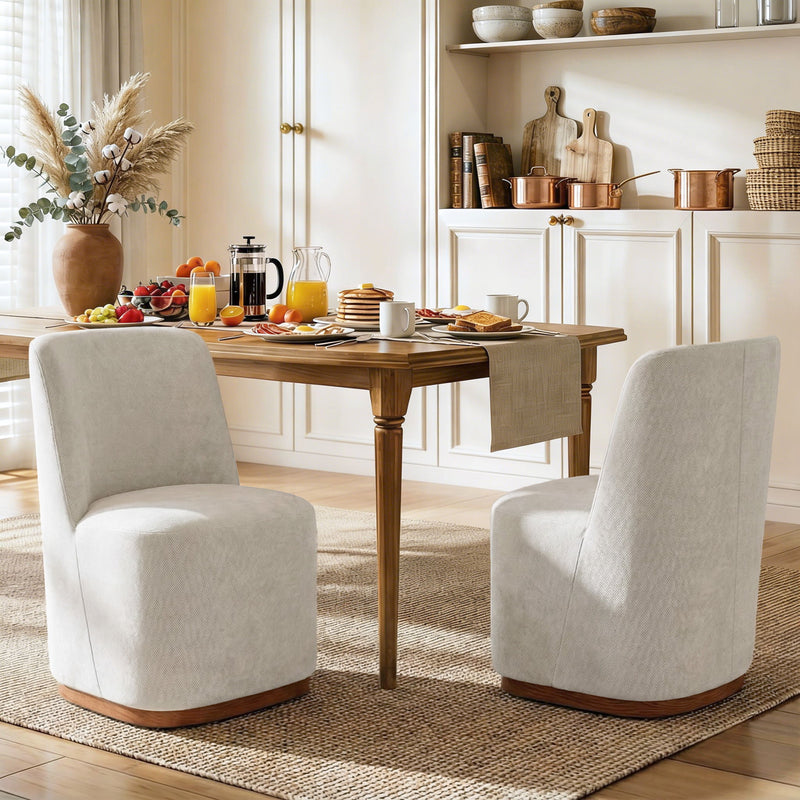 Set of two Noble House indoor upholstered dining chairs with padded seats and fabric covers, ideal for modern dining rooms.