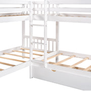DreamHaus L-shaped bunk bed with built-in drawers, featuring a wooden frame and ladder for space-saving bedroom furniture.