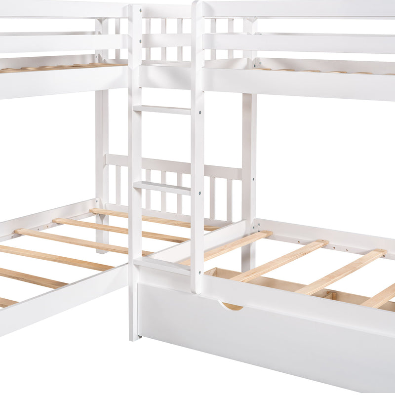 DreamHaus L-shaped bunk bed with built-in drawers, featuring a wooden frame and ladder for space-saving bedroom furniture.