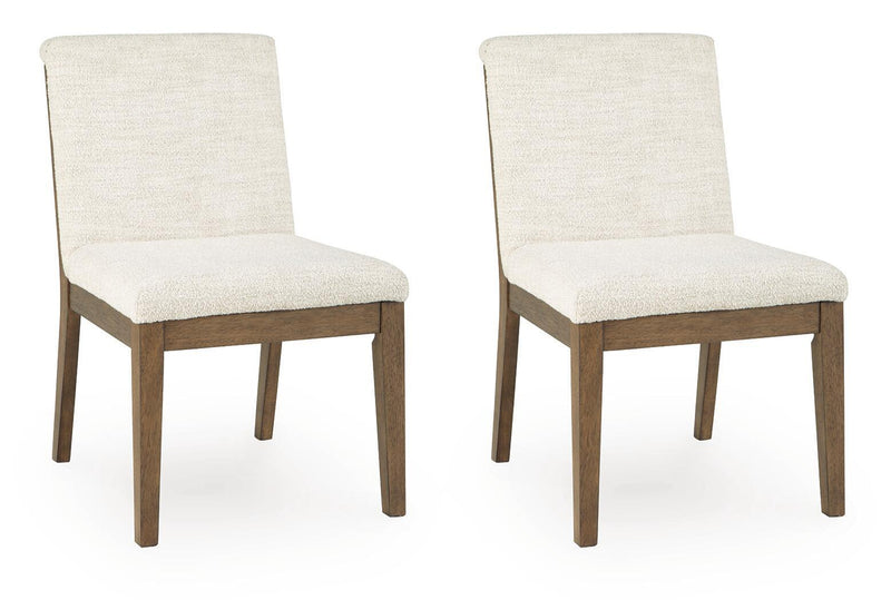 Set of two Benchcraft Marxmore dining upholstered side chairs in beige and brown with padded seats and wooden legs.