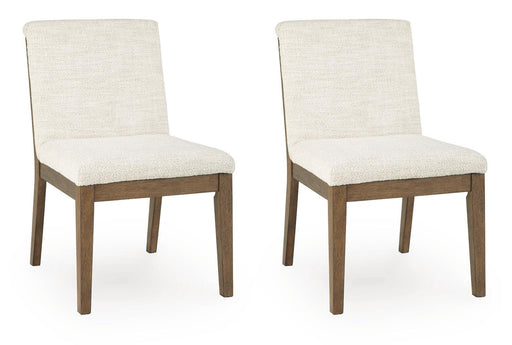Set of two Benchcraft Marxmore dining upholstered side chairs in beige and brown with padded seats and wooden legs.