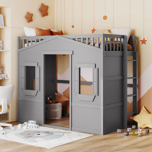 DreamHaus house loft bed with ladder, wooden frame, and safety rails, designed for children's bedroom space efficiency.
