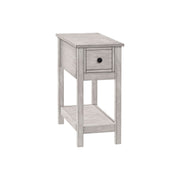 8th Street accent end table with two tiers, narrow design, storage drawer, and lamp on top, featuring a charming style.