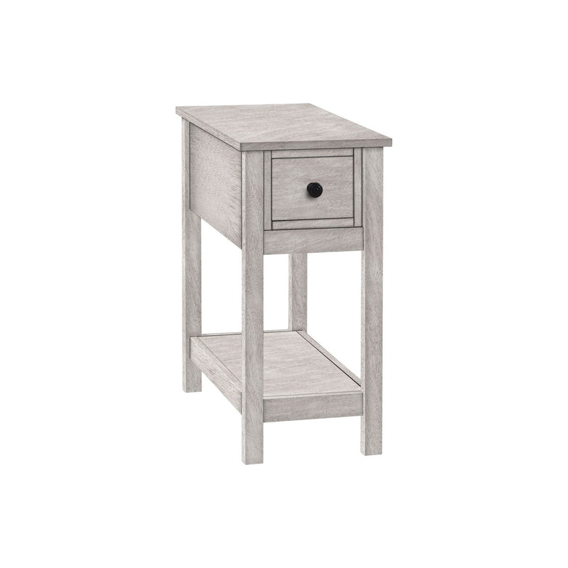 8th Street accent end table with two tiers, narrow design, storage drawer, and lamp on top, featuring a charming style.
