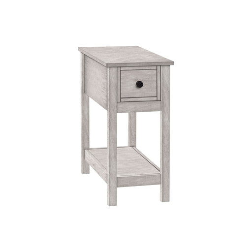 8th Street accent end table with two tiers, narrow design, storage drawer, and lamp on top, featuring a charming style.