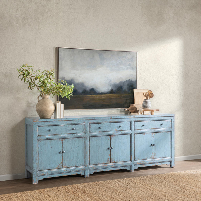 Classic Home Winford 3-drawer, 6-door buffet cabinet with wooden finish and modern design, featuring ample storage space.