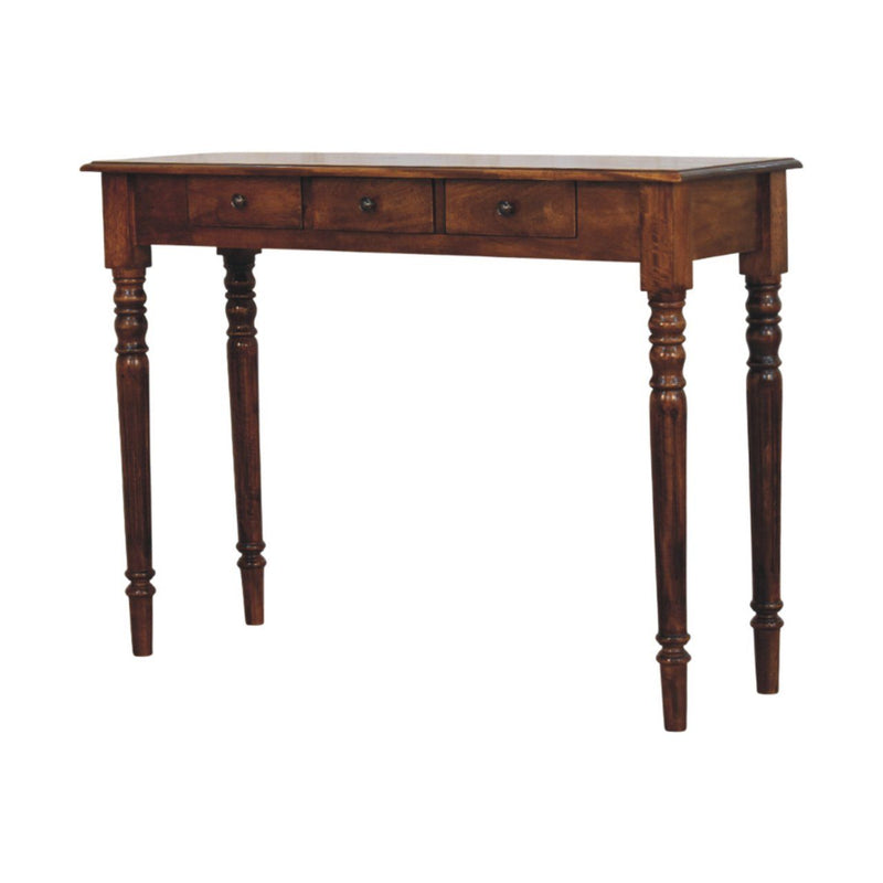 Artisan Furniture turned legs drawer console table with wooden finish, featuring a smooth tabletop and storage drawer.