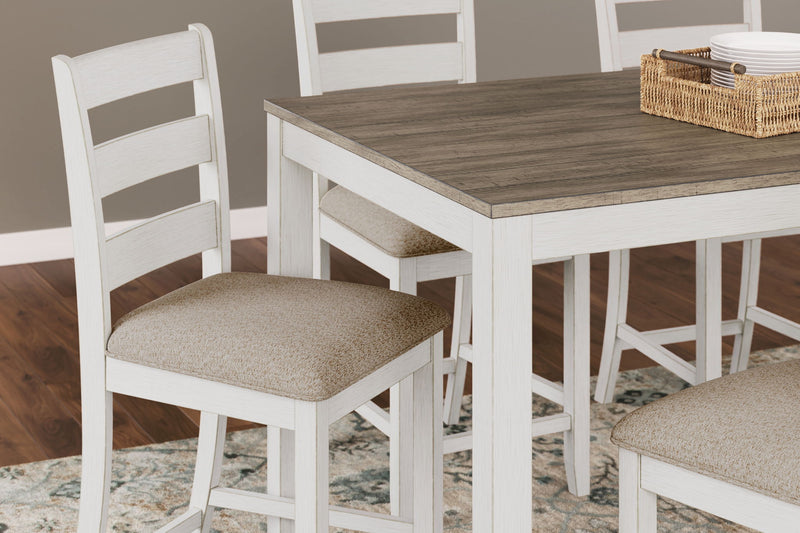 Skempton - Counter Height Dining Table and Bar Stools (Set of 7) - White / Light Brown - R&R Furniture Gallery (Fountain Valley, CA)