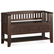 Simpli-Home Acadian brown entryway storage bench with built-in shelf, wood finish, and cushioned seat for seating and organization.