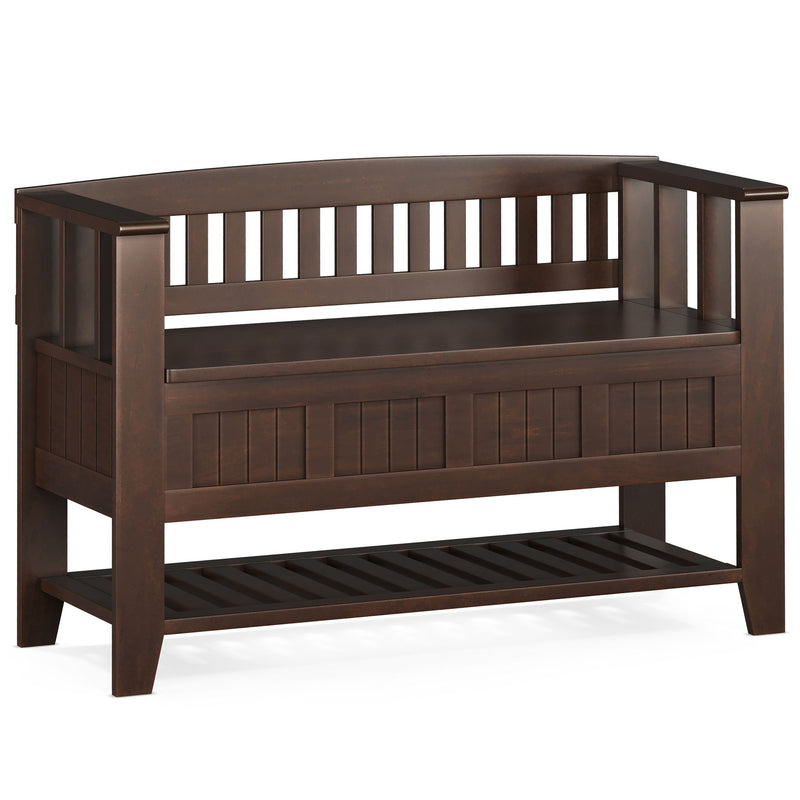 Simpli-Home Acadian brown entryway storage bench with built-in shelf, wood finish, and cushioned seat for seating and organization.