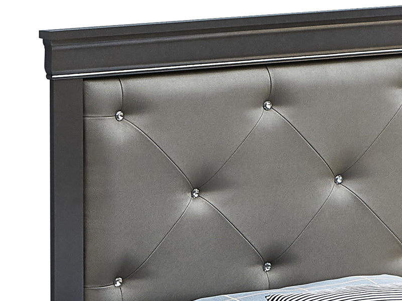Upholstered bed named Lorana by Glory Furniture, featuring a plush headboard and modern design in a cozy bedroom setting.