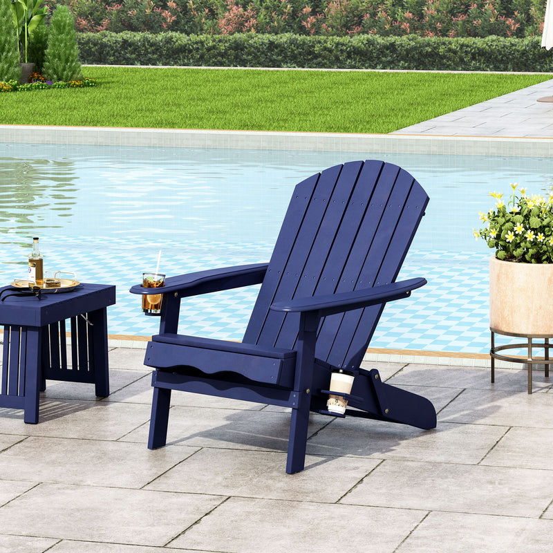 Noble House Zenithia outdoor foldable Adirondack chair with armrests and two built-in cup holders on a patio.