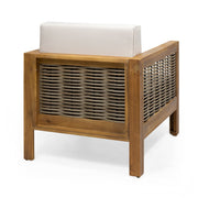Outdoor 4-seater acacia wood chat set with wicker accents and beige cushions, featuring teak and mixed brown finish.
