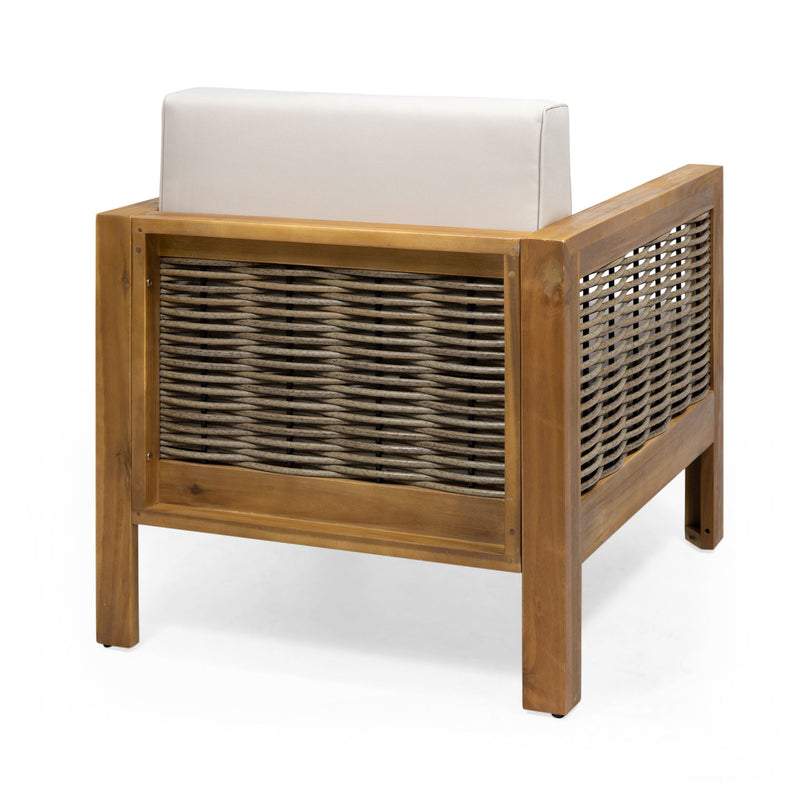 Outdoor 4-seater acacia wood chat set with wicker accents and beige cushions, featuring teak and mixed brown finish.