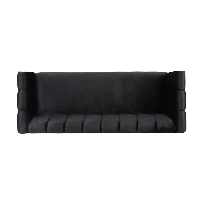 Noble House Miranda modern glam 3 seater stationary sofa with plush cushions and sleek design, in a stylish living room setting.