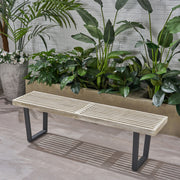 Noble House Intrinsic outdoor dining bench with slat top, sturdy wooden furniture suitable for patio or garden seating.