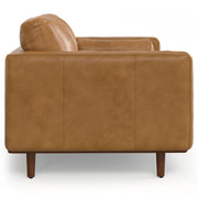 Simpli-Home Morrison upholstered stationary sofa with plush fabric, wide armrests, and cushioned back in a modern living room setting.
