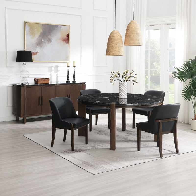Estella - Round Dining Table With Natural Marble Top - Black Top & Walnut