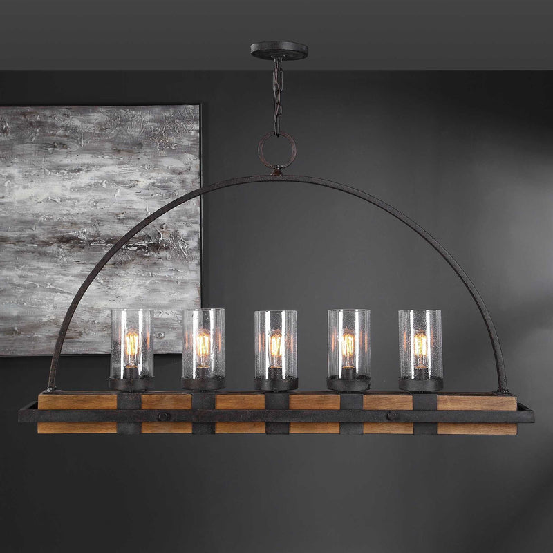 Uttermost Atwood 5-light rustic linear pendant chandelier with light brown finish, featuring a modern yet rustic design.
