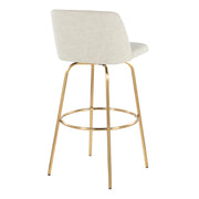 Lumi Source Toriano contemporary fixed-height barstool set with swivel, round footrest, black cushioned seat, and sleek metal frame