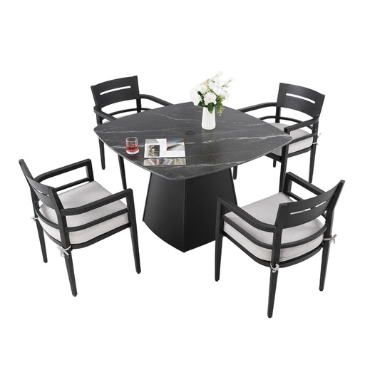 Life Outside 5-piece outdoor patio dining set with squircle table and chairs with Sunbrella cushions, ideal for outdoor dining.