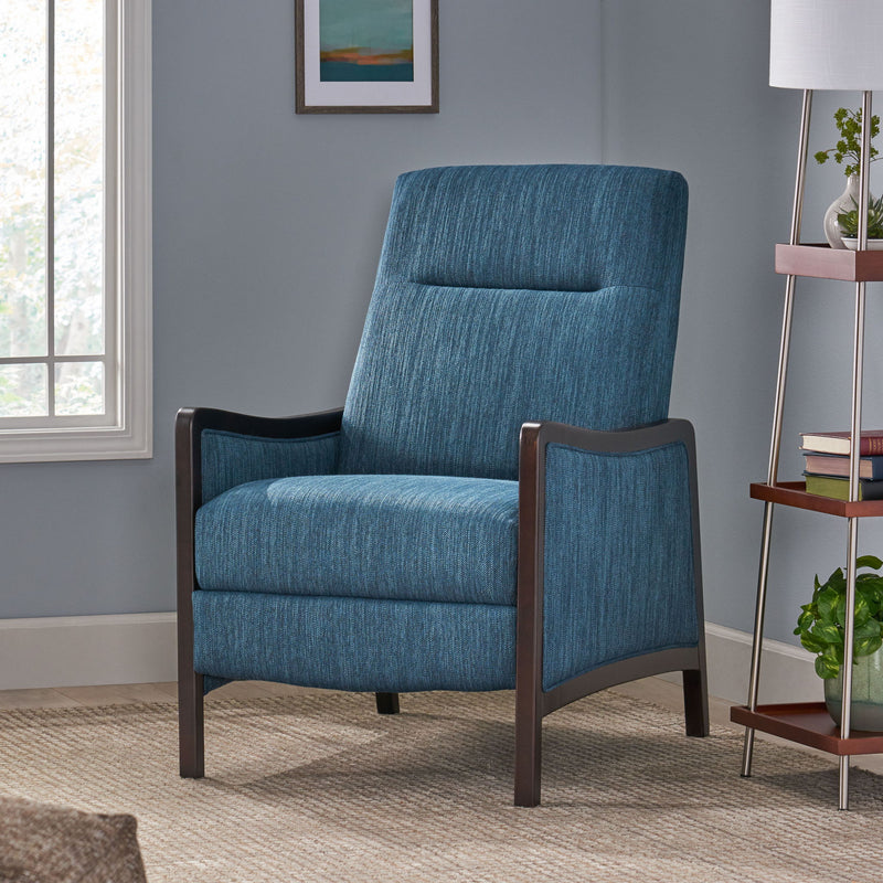 Noble House Drury contemporary fabric upholstered pushback recliner with plush cushioning and modern design for living room comfort.