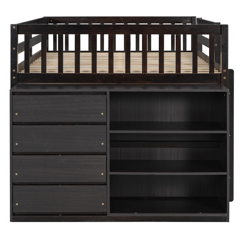 DreamHaus bunk bed with four drawers and three shelves, featuring a sturdy wooden frame and space-saving design.