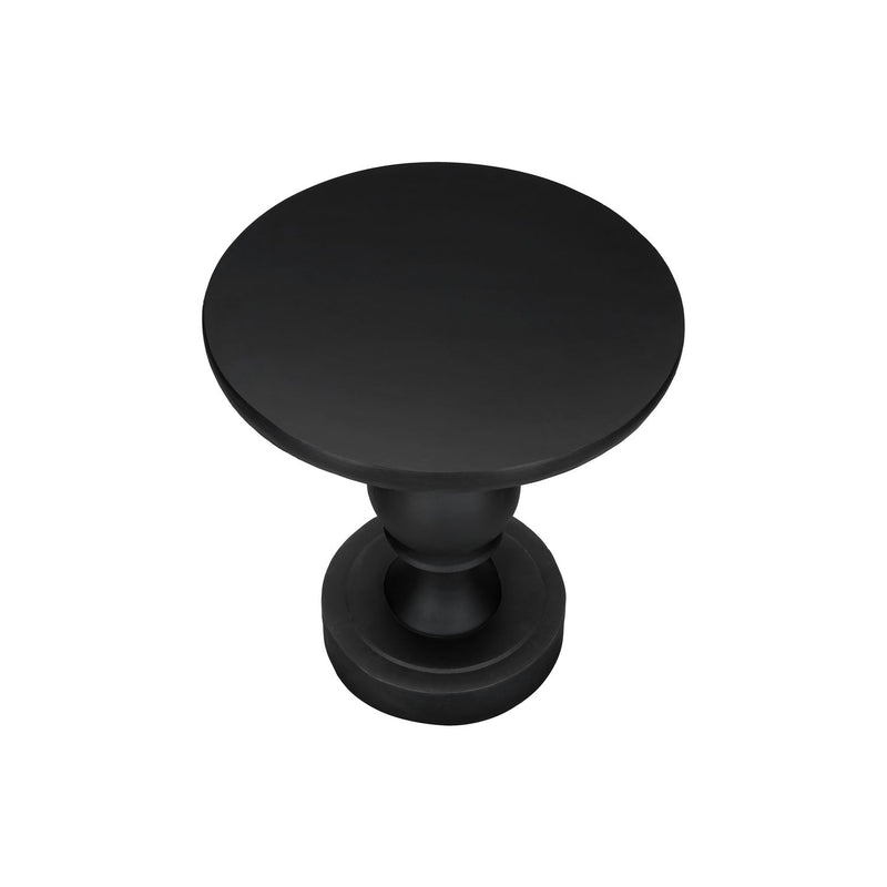 Black round accent table by 8th Street, suitable for indoor or outdoor use, with a sleek modern design.