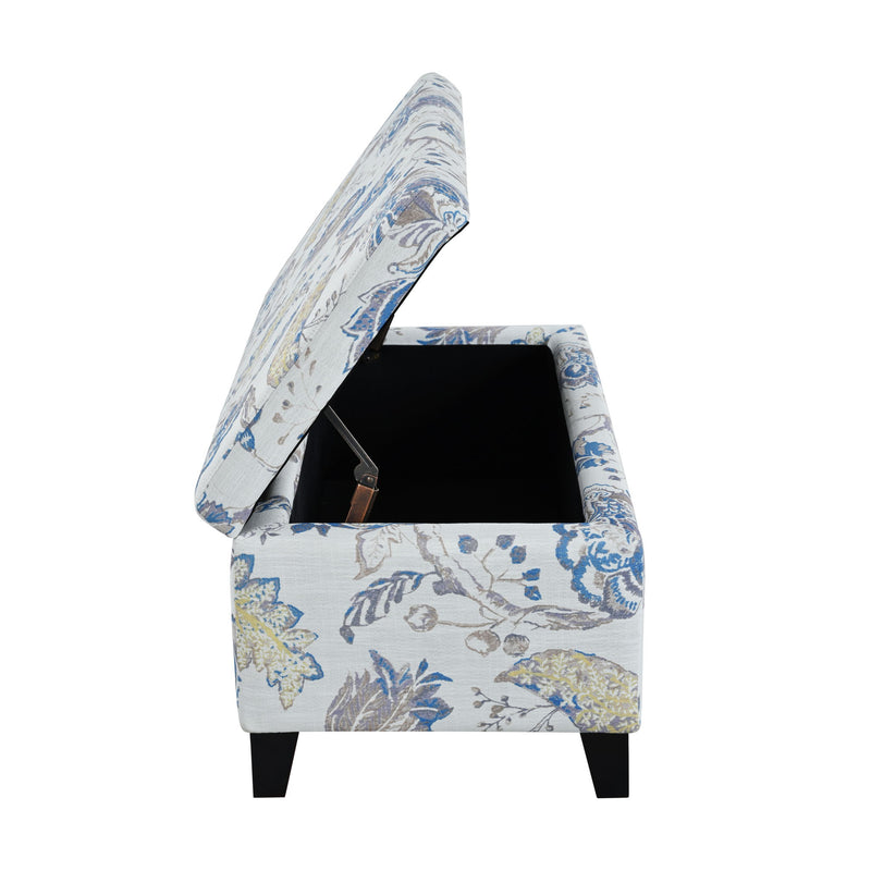 Luxury Storage Ottoman With Floral Patterned Fabric, Soft Close Hinges, Functional Footrest & Seat - Blue Flower / Blue Multi - R&R Furniture Gallery (Fountain Valley, CA)