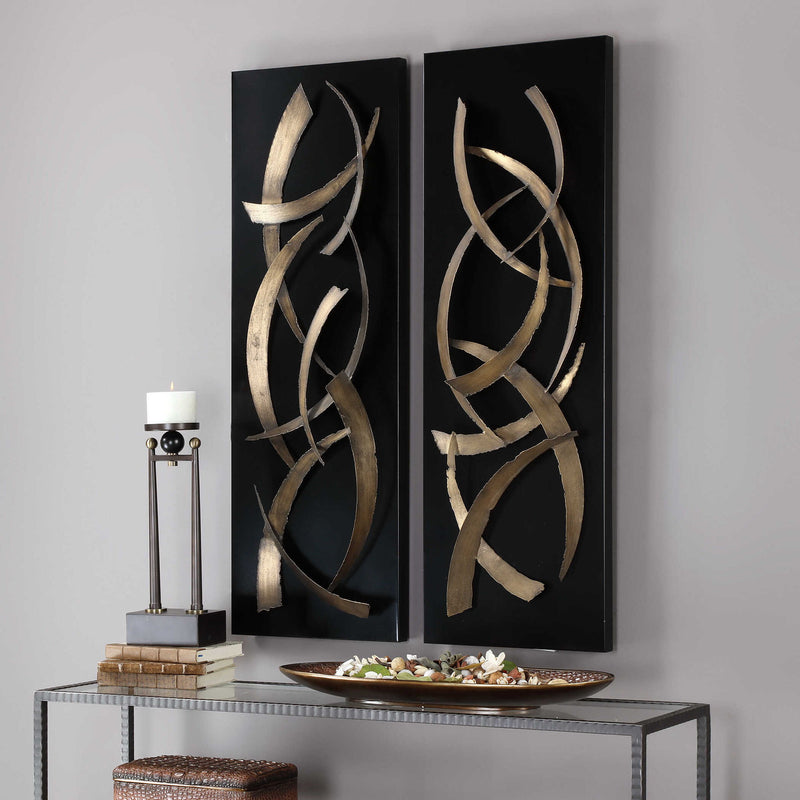 Uttermost Brushstrokes metal wall art set of 2 in black, modern abstract wall decor with textured, artistic design.