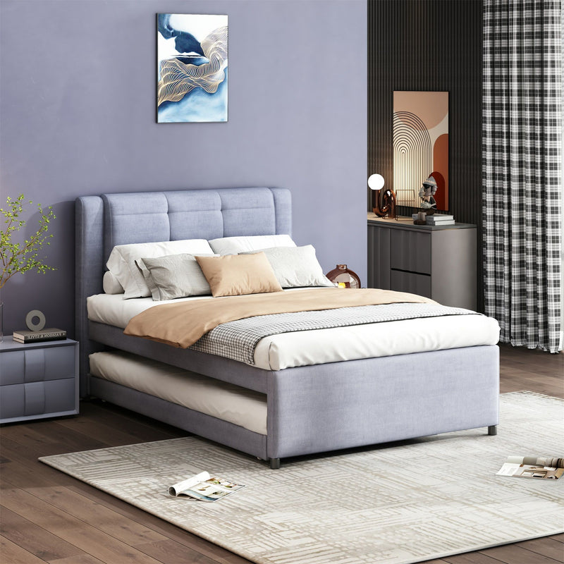 Upholstery Platform Bed With Trundle, Trundle Can Be Flat Or Erected - R&R Furniture Gallery (Fountain Valley, CA)