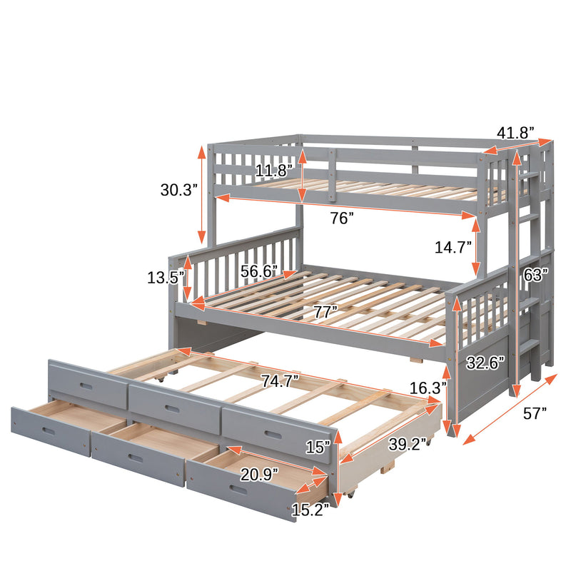 DreamHaus bunk bed with twin size trundle and built-in drawers, showcasing a sturdy wooden frame and space-saving design.