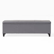 Noble House Glouster contemporary storage ottoman with padded fabric top and wooden legs, ideal for living room storage and seating.