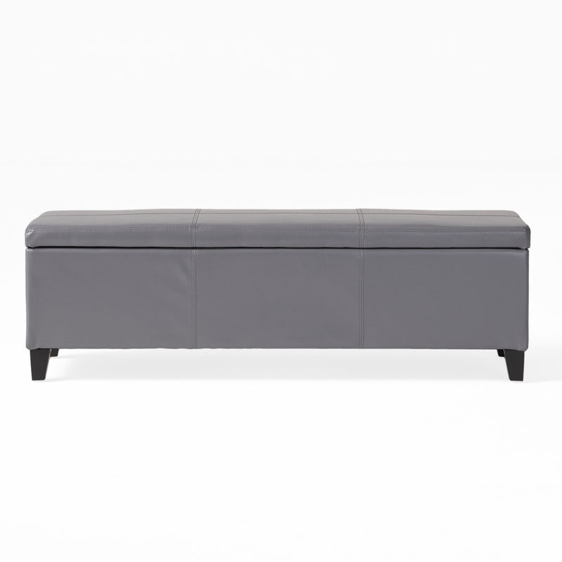Noble House Glouster contemporary storage ottoman with padded fabric top and wooden legs, ideal for living room storage and seating.