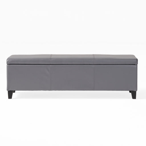 Noble House Glouster contemporary storage ottoman with padded fabric top and wooden legs, ideal for living room storage and seating.