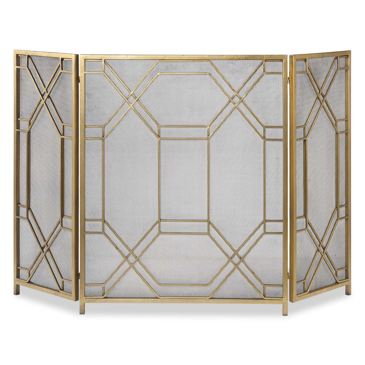 Gold Uttermost Rosen fireplace screen with intricate metalwork design, decorative accents, and stylish protection for your fireplace.