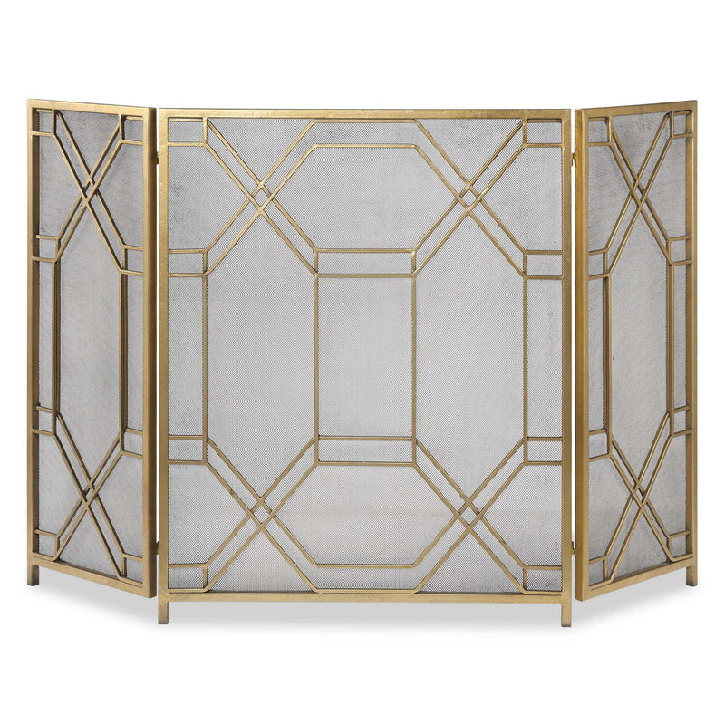 Gold Uttermost Rosen fireplace screen with intricate metalwork design, decorative accents, and stylish protection for your fireplace.