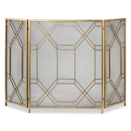 Gold Uttermost Rosen fireplace screen with intricate metalwork design, decorative accents, and stylish protection for your fireplace.