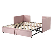 Twin size upholstered daybed with pop-up trundle and modern design, featuring neutral fabric and wooden frame by Halcyon Home.