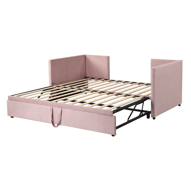 Twin size upholstered daybed with pop-up trundle and modern design, featuring neutral fabric and wooden frame by Halcyon Home.